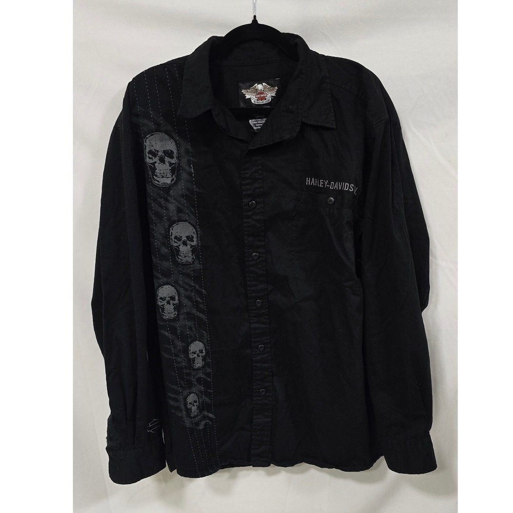 Harley-Davidson men XL black skull graphic long sleeve button up punk grunge